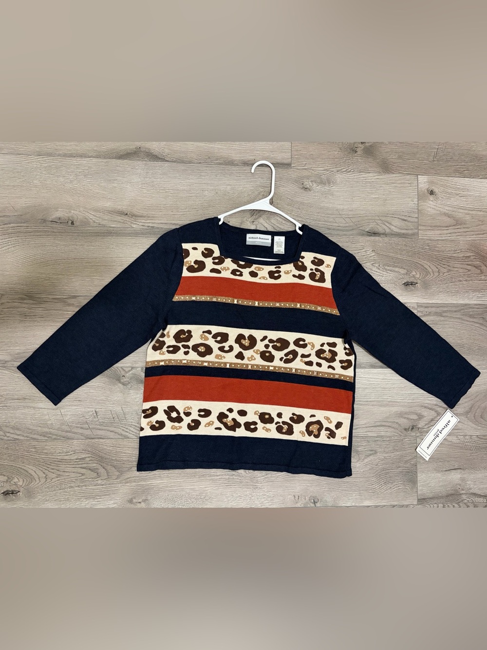 Alfred Dunner Navy Top with Cream Leopard and Rust Stripes